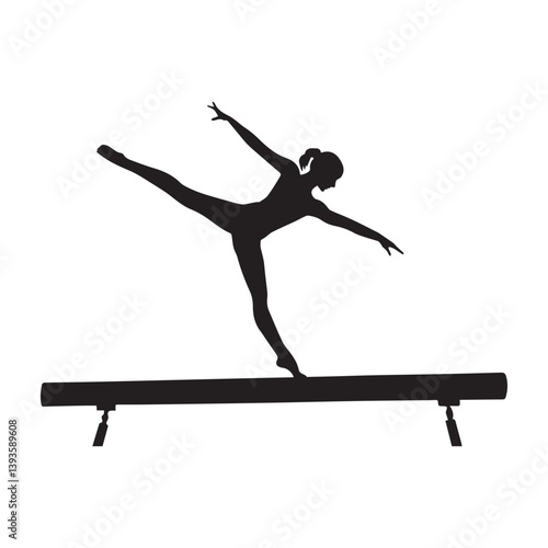 A graceful gymnast balances with poise and elegance on the beam, a powerful silhouette against a stark white background.