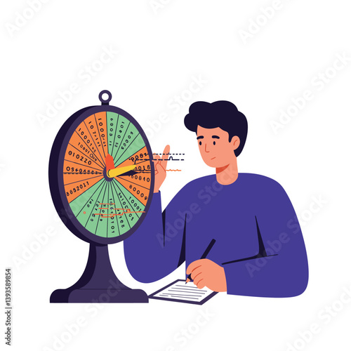 Person interacting with a colorful spinning wheel in flat vector art
