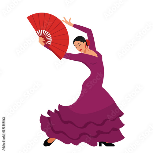 Elegant flamenco dancer in vibrant dress performing with fan in flat vector art