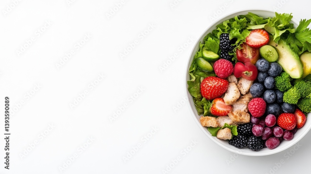 A colorful bowl of fresh mixed fruits and berries with leafy greens, arranged in a white bowl on a clean white background, and healthy eating concept. A colorful bowl of fresh mixed fruits and berries with leafy greens, arranged in a white bowl on a clean white background, and healthy eating concept.
