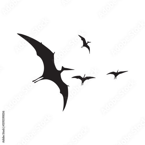 Majestic pterodactyls soaring in a breathtaking, silent flight across a stark white sky, their black silhouettes sharp and dramatic against the bright canvas.