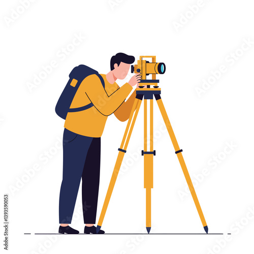 Person using a surveying instrument in flat vector art style for construction projects