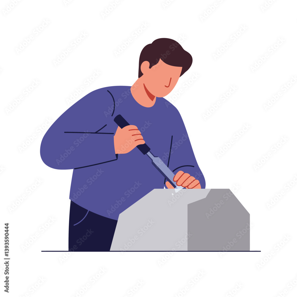 Craftsman working on stone sculpture in flat minimal vector art Craftsman working on stone sculpture in flat minimal vector art