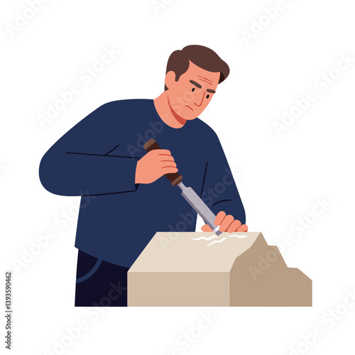 Man chiseling stone in flat design style showcasing craftsmanship in vector art