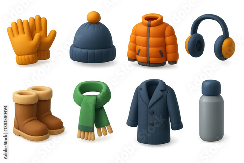 Essential 3d winter gear icons set: gloves, jacket, boots, and more