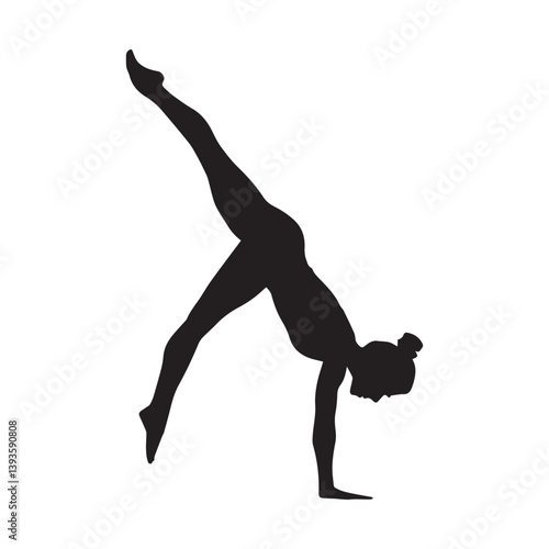 A graceful gymnast showcasing strength and flexibility in a dynamic handstand pose, a bold black silhouette against a clean white background.