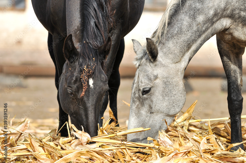 Two horses eat straw in a paddock near stable. Close-up of a black and grey horse eating straw together. Portrait of black horse with mane tangled up with burrs and grass seeds Two horses eat straw in a paddock near stable. Close-up of a black and grey horse eating straw together. Portrait of black horse with mane tangled up with burrs and grass seeds