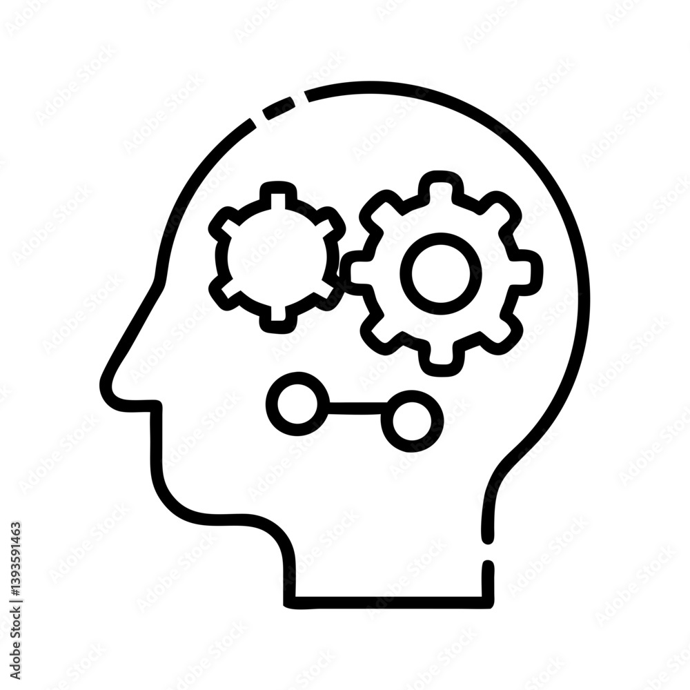 Minimal black outline icon of human head with gears and connection representing artificial intelligence, cognitive thinking and innovation process Minimal black outline icon of human head with gears and connection representing artificial intelligence, cognitive thinking and innovation process
