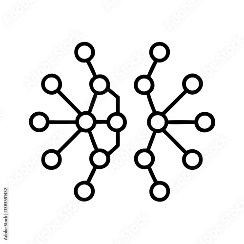 Minimalist black line icon of artificial intelligence neural network structure, symmetrical digital brain diagram with connected nodes and lines on white background
