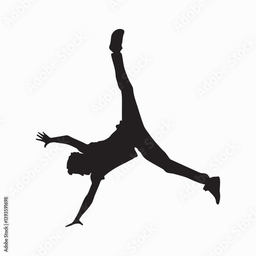 A dynamic young dancer executes a breathtaking cartwheel, showcasing incredible flexibility and grace against a stark white background in a bold silhouette.