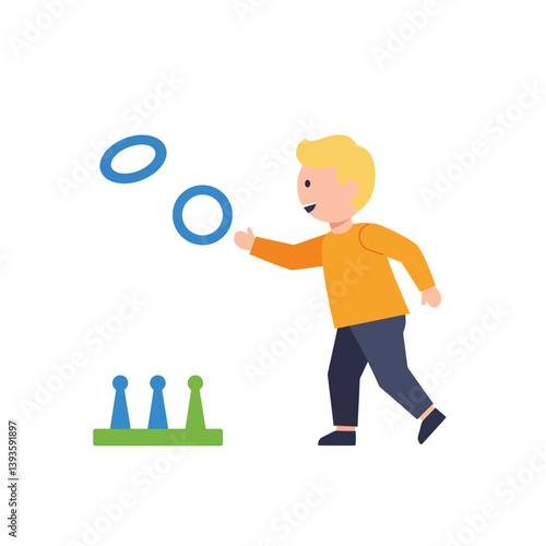 Child playing ring toss game in flat, colorful style vector art