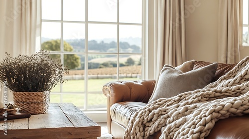 Cozy interior of a sunlit living room featuring a leather sofa adorned with a plush knit blanket and decorative pillows, with a view of a serene countryside