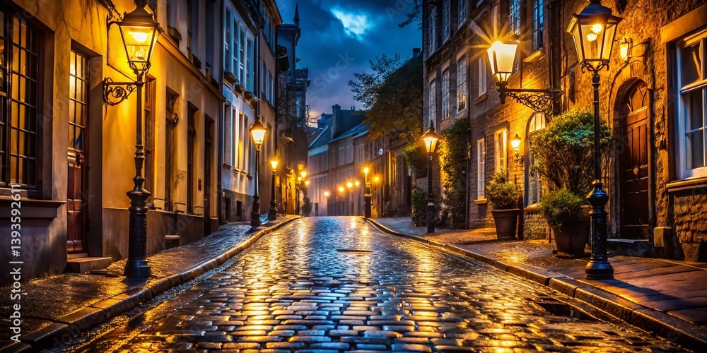Fototapeta premium Enchanting European Night Cobblestone Streets Gas Lamps and a Rainy Evening