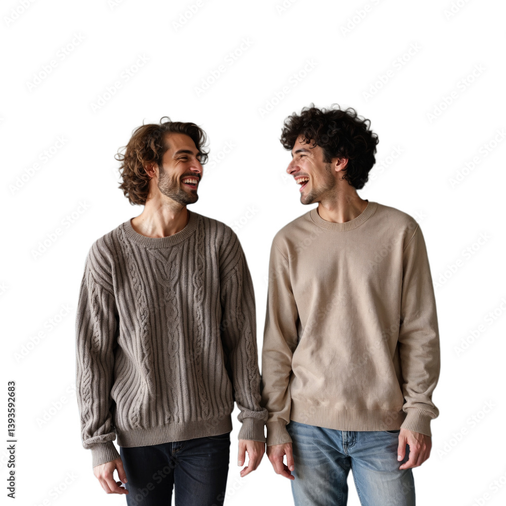 Two men laugh and talk to each other, wearing sweaters and jeans Two men laugh and talk to each other, wearing sweaters and jeans