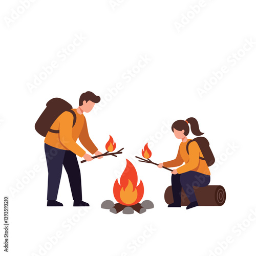 Two campers sitting by a campfire in flat vector art style vector illustration