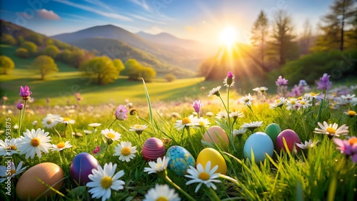 Easter Eggs in Spring Meadow at Sunrise