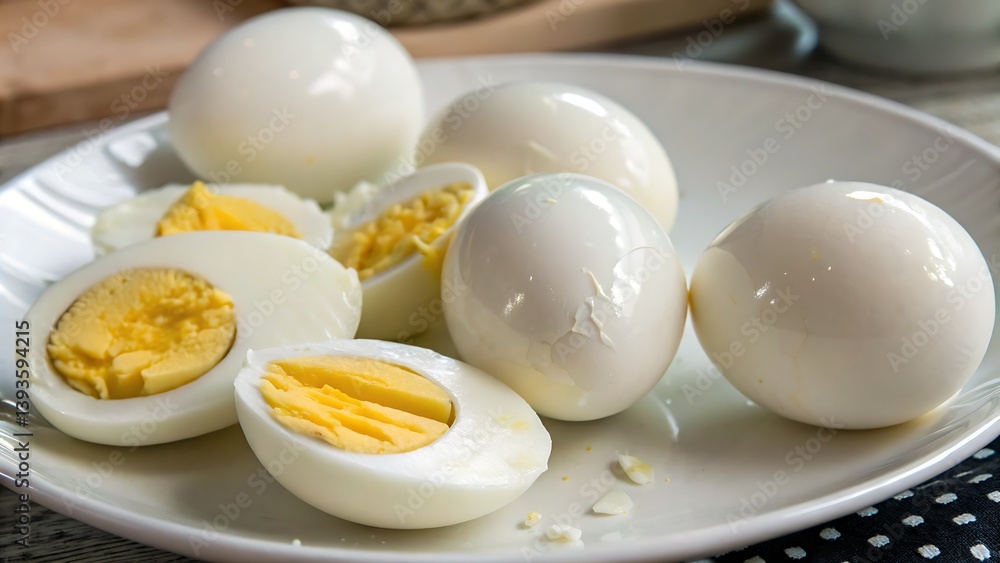 A close up view of hard boiled eggs on a white plate with some sliced and some whole ready to be eaten A close up view of hard boiled eggs on a white plate with some sliced and some whole ready to be eaten