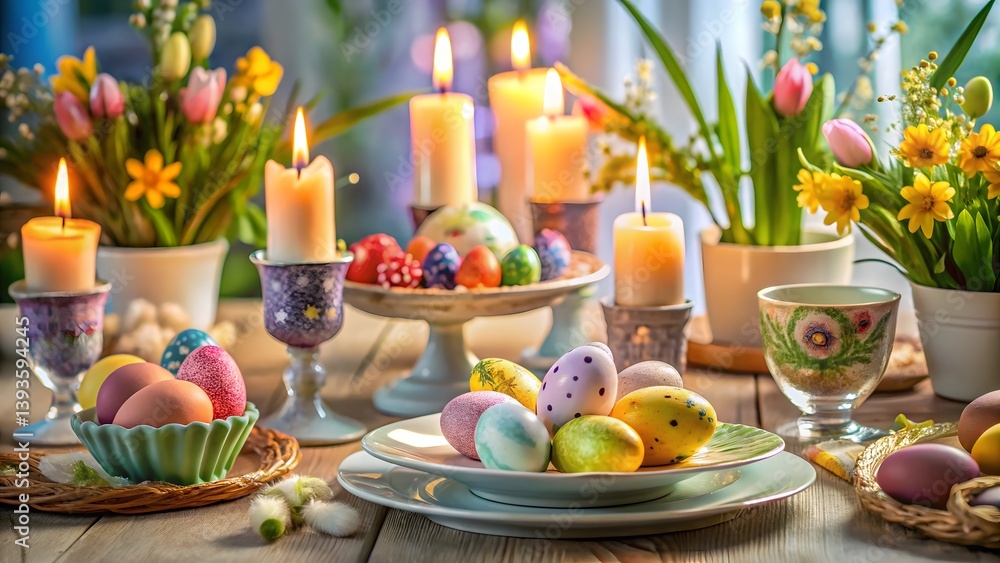 Easter Table Setting with Candles and Decorated Eggs Easter Table Setting with Candles and Decorated Eggs