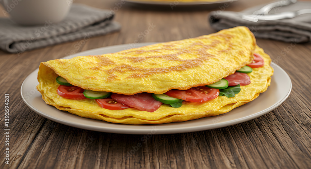 Rustic Omelet Breakfast on Wooden Table with Coffee and Napkin Rustic Omelet Breakfast on Wooden Table with Coffee and Napkin