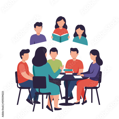 Group of people discussing ideas in a flat vector illustration