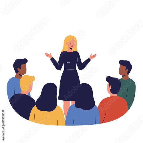 Woman presenting to an audience in a flat and colorful vector illustration