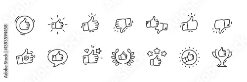 Linear feedback icons set: thumbs up, down, trophy, star, heart, speech bubble
