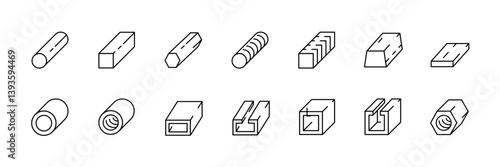 Wood materials linear icon set: plank, log, beam, timber, lumber, board, block