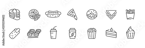 Delicious snack icons set: linear style for fast food themes