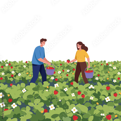 Two people harvesting strawberries in a field, flat design vector art