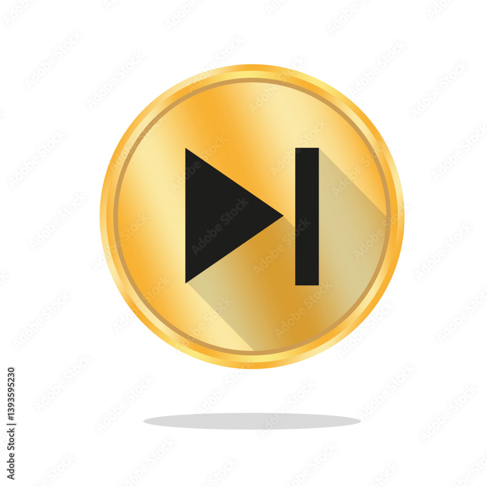 Next track icon. Vector gold button. Black end symbol. Glossy media shape. Next track icon. Vector gold button. Black end symbol. Glossy media shape.