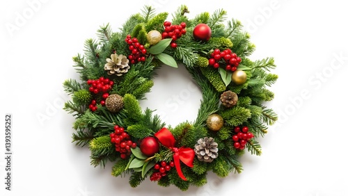 Christmas Wreath with Berries, Cones, and Ornaments