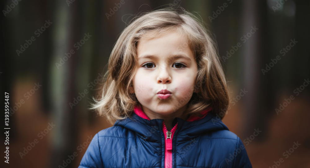 Caucasian child in blue jacket making a fun face in forest Caucasian child in blue jacket making a fun face in forest