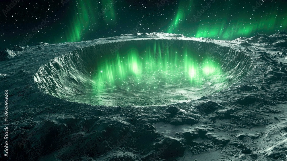 Alien Planet: Emerald Aurora over a Cratered Landscape. A breathtaking cosmic scene of otherworldly beauty and serenity. Alien Planet: Emerald Aurora over a Cratered Landscape. A breathtaking cosmic scene of otherworldly beauty and serenity.