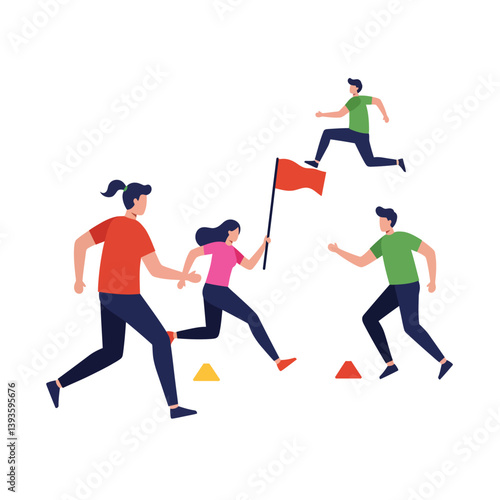 Group of runners competing in a relay race with vibrant colors and dynamic poses vector illustration