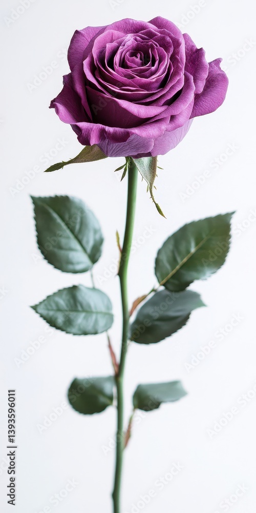 Obraz premium Single Purple Plum Rose with Green Leaves Isolated on White Background a Botanical Still Life