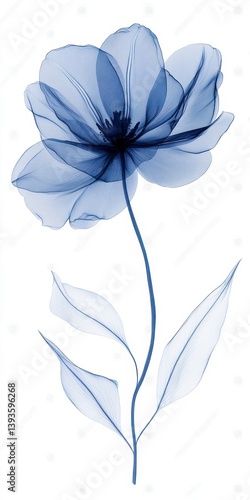 Single Indigo Tulip with Delicate Details Isolated on White Background A Botanical Illustration with Soft Petals and Detailed Stem and Leaves