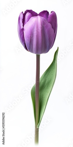 Single Plum Purple Tulip Isolated on White Background in Bright Studio Lighting Detailed Macro Shot of Petals Stem and Leaf