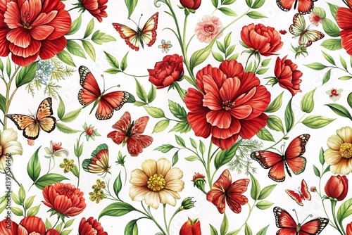 Delicate Red Flower and Butterfly Pattern on a White Background A Stunning Floral Design for Various Applications