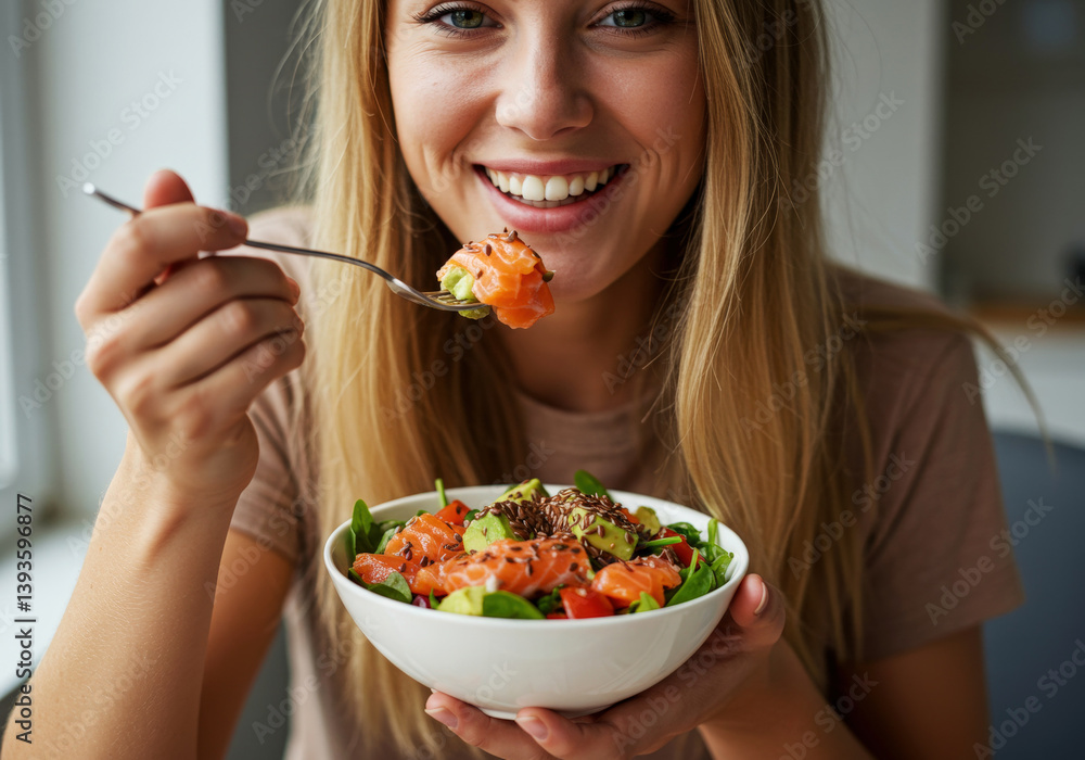 Close-up of woman eating omega 3 rich salad Close-up of woman eating omega 3 rich salad