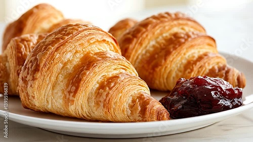 Freshly baked croissants served on a plate with a side of berry jam, in a cozy cafe setting