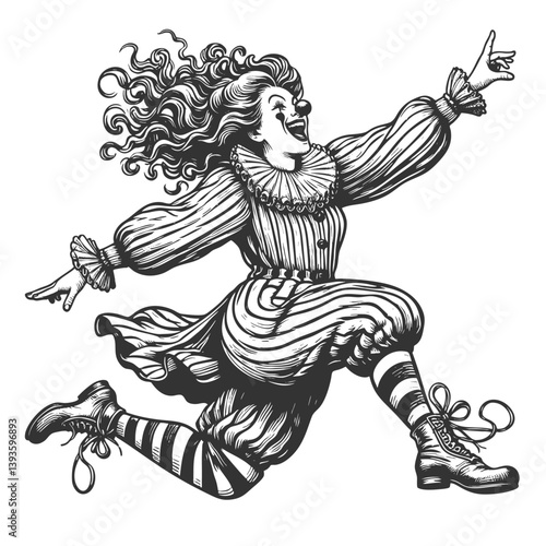 joyful clown mid-jump, wearing a vintage ruffled outfit with striped pants and playful expression sketch engraving generative ai vector illustration. Scratch board imitation. Black and white image.
