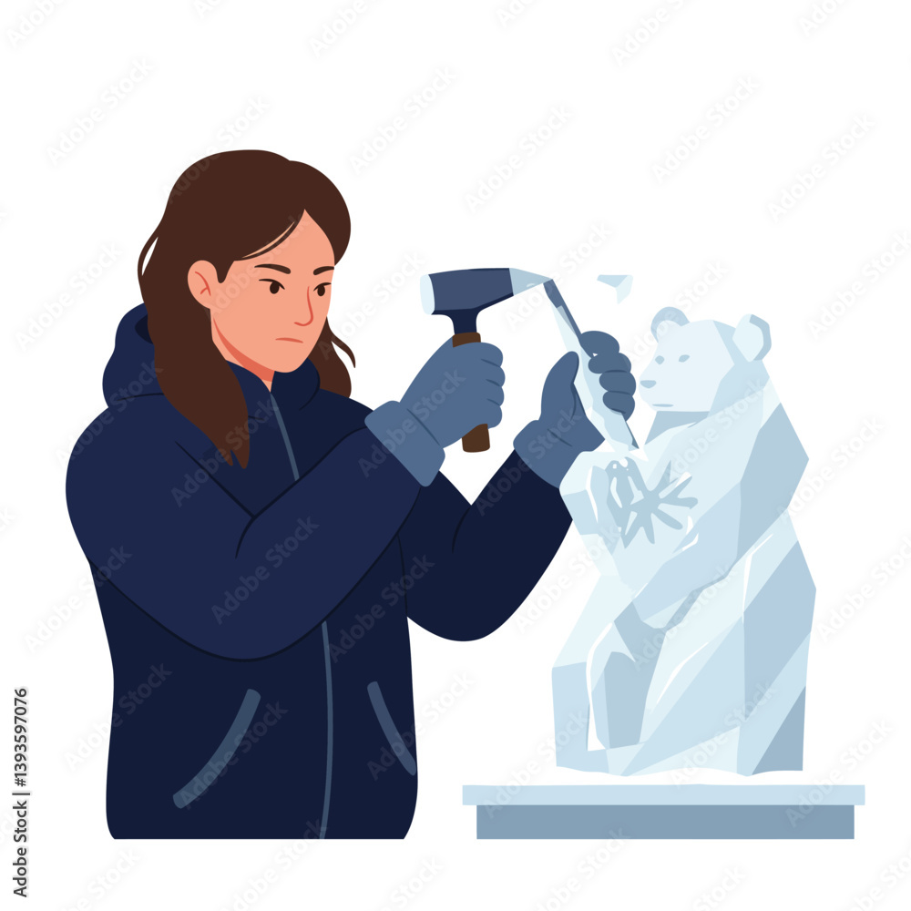 Ice sculptor creating detailed bear figure in flat vector art Ice sculptor creating detailed bear figure in flat vector art
