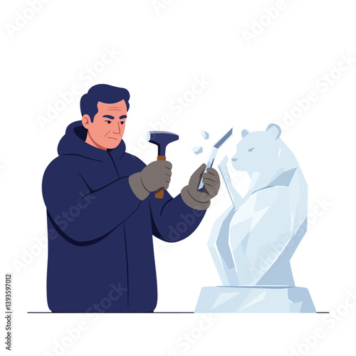 Man chiseling ice sculpture of polar bear in flat vector art