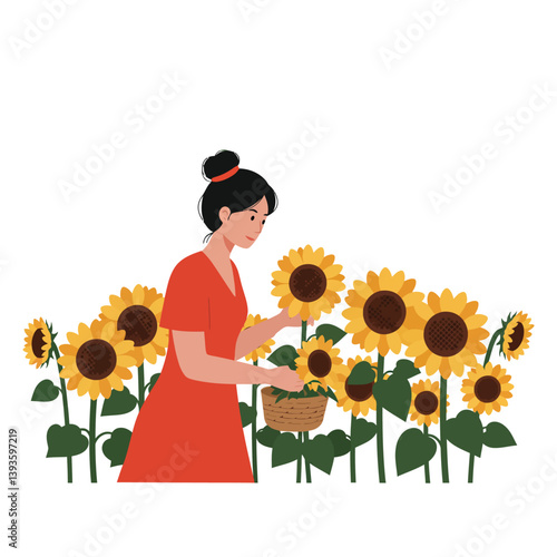 Woman in red dress harvesting sunflowers in flat vector art style vector illustration