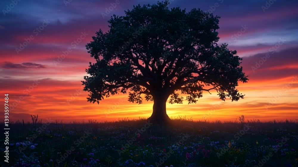Majestic Oak Tree at Sunset in a Firefly Field A Breathtaking Landscape Photography Majestic Oak Tree at Sunset in a Firefly Field A Breathtaking Landscape Photography