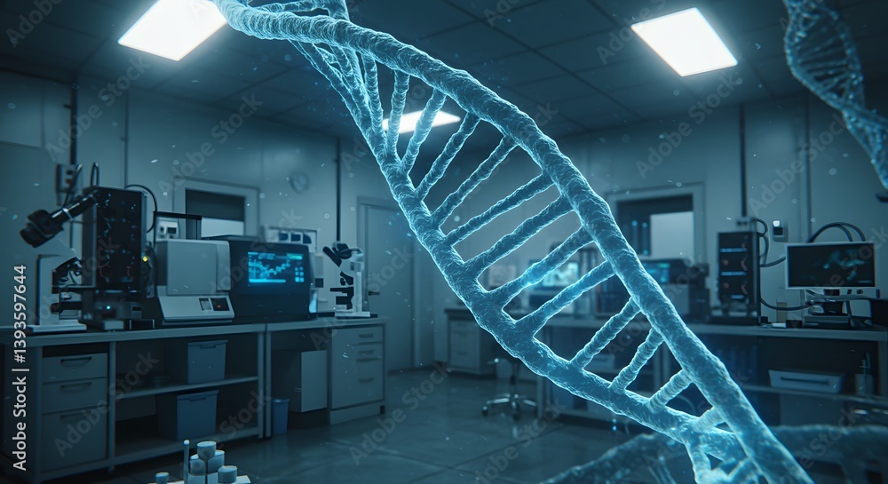 Fototapeta premium DNA hologram floating in futuristic diagnostics lab