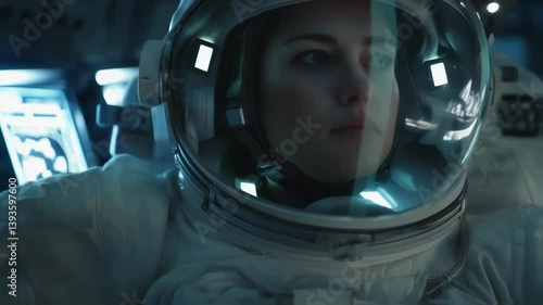Professional female astronaut wearing protective spacesuit and helmet working inside spacecraft cockpit, analyzing digital flight data while navigating through weightless space environment