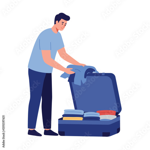 Person packing clothes into suitcase in flat vector art style