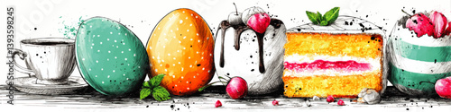 Vibrant Hand Drawn Easter Vector Illustration with Colorful Eggs, Delicious Cake Slice, Hot Coffee Cup, Fresh Mint, Chocolate Drizzle, Cherries and Artistic Splashes