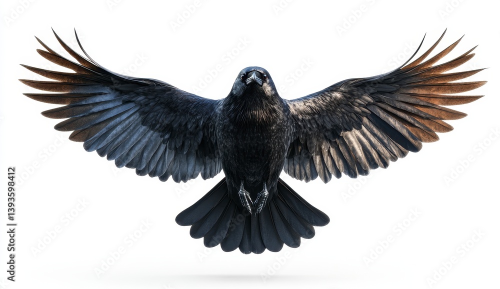 Naklejka premium Realistic Blackbird in Flight Detailed Closeup of a Black Bird with Spread Wings Against a White Background